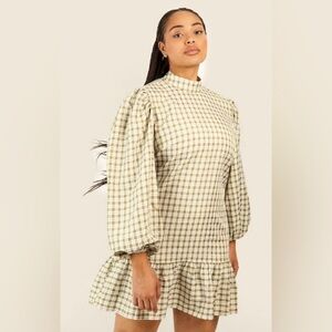 Boohoo Khaki Check Ruffle Smock Dress Size 16